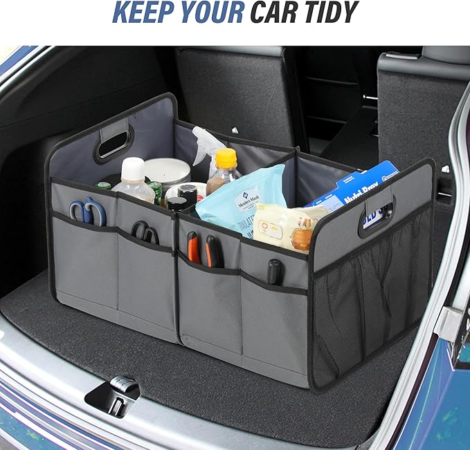 Simple Deluxe Car Trunk Organizer for SUV, Collapsible 2 Compartment 50L Automotive Storage Box with 5 Pocket, 600D Waterproof 