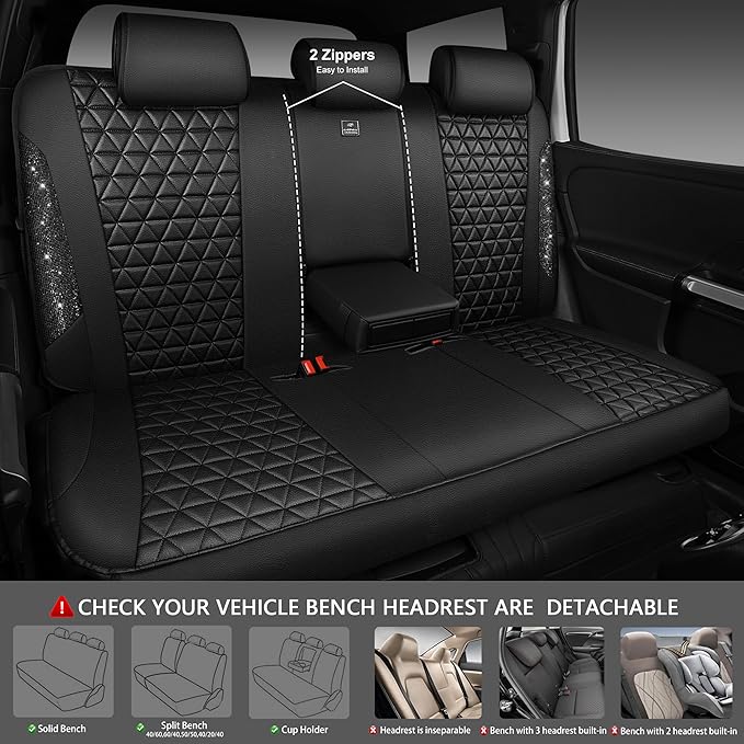 CAR PASS Bling Back Seat Cover, Waterproof Leather Bench Rear Seat Cover Shining Diamond Truck Glitter Crystal Sparkly Rhines