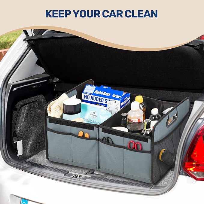 YSSOA Car Trunk Organizer with Lid, Collapsible 2 Compartment Automotive Storage Box, 600D Waterproof Oxford Polyester 50L