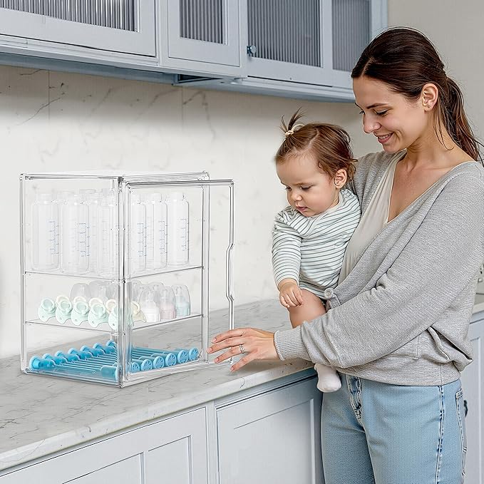 HBlife Baby Bottle Storage Organizer for Countertop Cabinet, 3 Tiers Adjustable Clear Acrylic Bottles Storage Station Case Bo