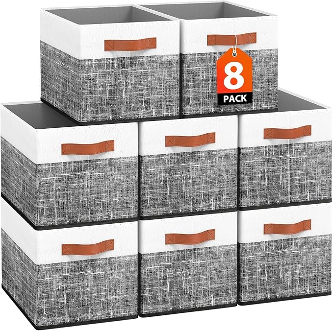 Fab totes Collapsible Storage Baskets for Shelves,14"x10", 8 Pack Foldable Fabric Storage Bins with Double Leather Handles, L