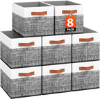 Fab totes Collapsible Storage Baskets for Shelves,14"x10", 8 Pack Foldable Fabric Storage Bins with Double Leather Handles, L