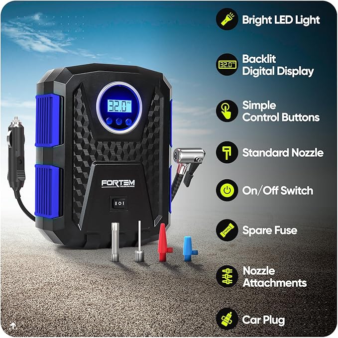 FORTEM Tire Inflator Portable Air Compressor, Air Pump for Car Tires and Bikes, Car Tire Pump w/Auto Shut Off, 150 PSI, 12V DC, LED Light, Carrying Case, for Men, Women