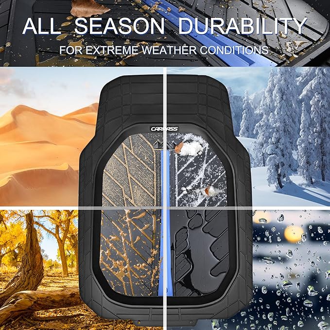 CAR PASS Tire Tread DeepDish Rubber Floor Mats for car Heavy Duty car mats All Weather, Universal XL~M Trim to Fit for Truck SUV Vehicle Automotive, Waterproof car mats 3 Piece(Blue Black)
