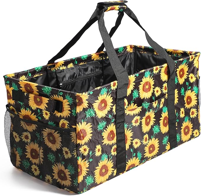 Joyfol Day Extra Large Utility Tote Bag, Reusable Grocery Bags Foldable, Upgraded Metal Frame, With Sturdy Handles Reinforced Bottom Heavy Duty Oxford Fabric Moving Shopping Bags, Sunflower