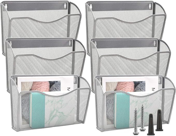 EASEPRES 6 Single Pocket Mesh Hanging File Organizer, Vertical Wall Mounted Magazine File Holder, Mount Basket Mail Paper Doc