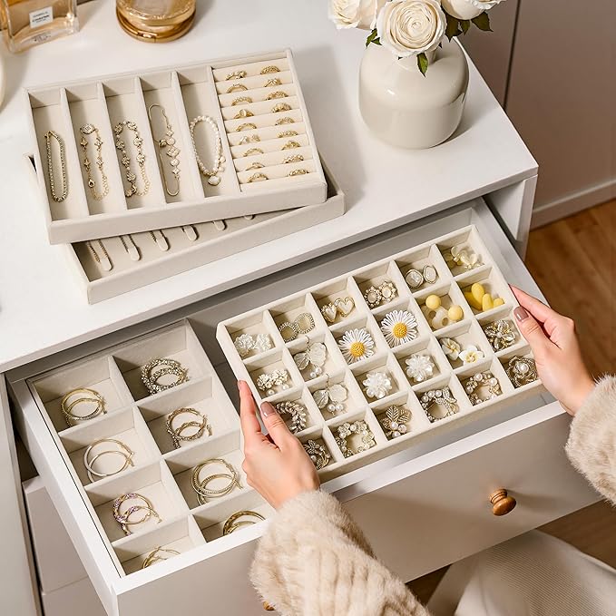 Velvet Jewelry Drawer Organizer Trays – Large Beige Stackable Jewelry Storage Inserts Set, 4-Layer Jewelry Tray Set for Earri