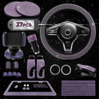 Purple Car Accessories Set, 27 Pieces – Bling Car Accessories for Women, Steering Wheel Cover, Rearview Mirror, Air Vent, Dashboard and Console Rhinestone Decor - Universal Fit Interior Styling Kit