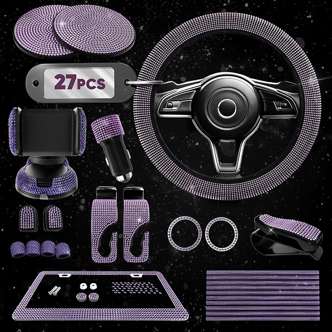 Purple Car Accessories Set, 27 Pieces – Bling Car Accessories for Women, Steering Wheel Cover, Rearview Mirror, Air Vent, Dashboard and Console Rhinestone Decor - Universal Fit Interior Styling Kit