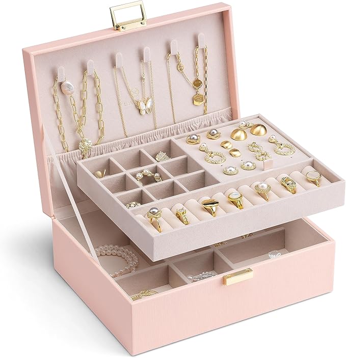 Vlando 2 Layer Jewelry Box Large Jewelry Organizer for Women Removable Jewelery Tray for Necklace Earrings Rings Bracelets Je