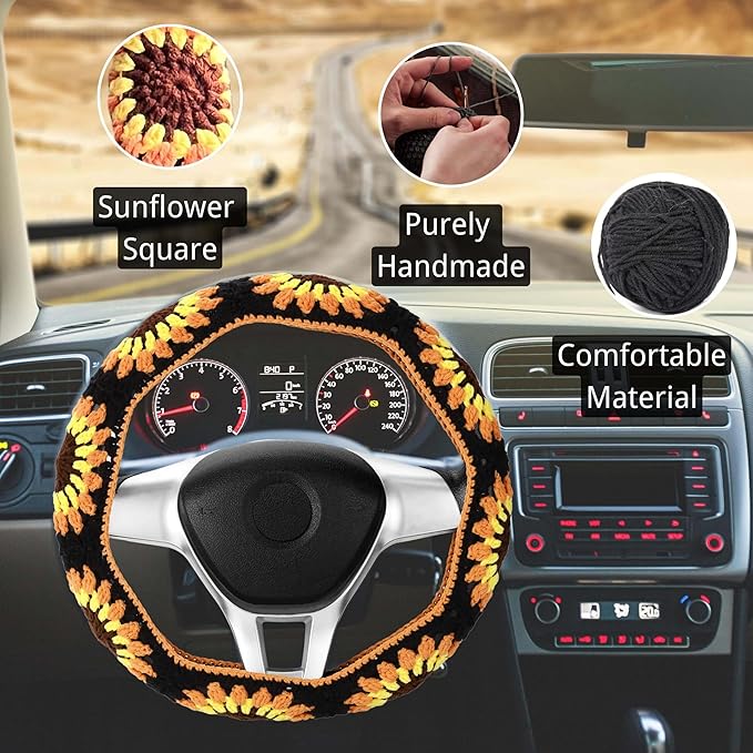 Crochet Steering Wheel Cover Set,Cute Car Steering Wheel Cover Boho 14-15in,Handmade Sunflower Granny Square Pattern Gift for Women, Accessories for Vehicles (Wheel Cover Set), HZYZW-72