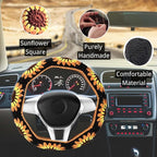 Crochet Steering Wheel Cover Set,Cute Car Steering Wheel Cover Boho 14-15in,Handmade Sunflower Granny Square Pattern Gift for Women, Accessories for Vehicles (Wheel Cover Set), HZYZW-72