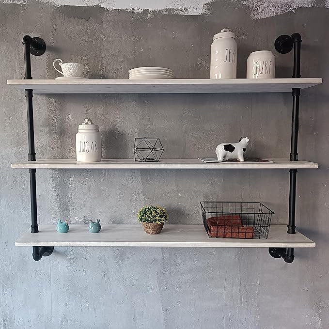 Floating Bookshel Industrial Pipe Shelving Pipe Shelves Rustic White Wall Shelves 36 Inch Farmhouse Book Shelves for Kitchen 