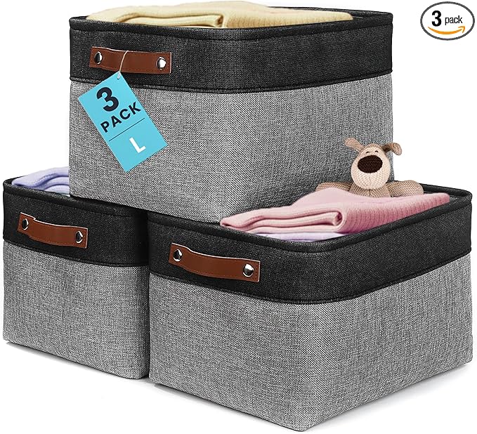 OrganiHaus Large Fabric Storage Baskets for Shelves 3 Pack, 15x11in Closet Storage Bins, Canvas Storage Bin for Organizing, C