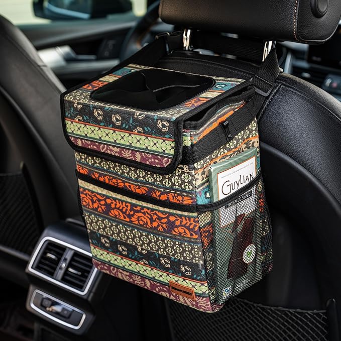 Car Garbage Can Cute - Leak-Proof Car Trash Can with Lid and Storage Pockets, Car Trash Bin for Men and Women, Boho Aztec Essentials: Must-Have Car Interior Accessories (Boho Carnival)