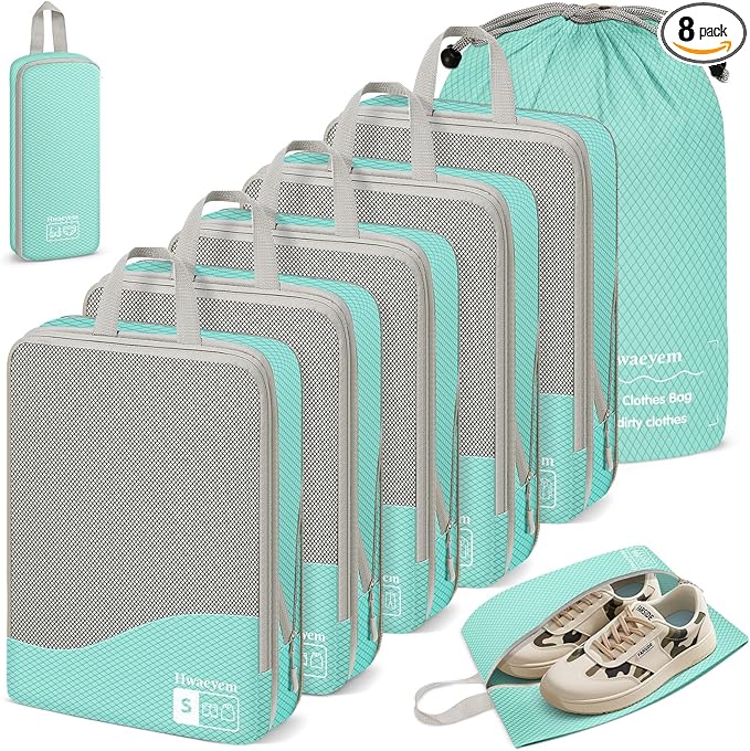 Compression Packing Cubes 8 Set, Dual Zipper Compression Packing Cubes for Travel, See-Through Mesh Packing Bags for Suitcase