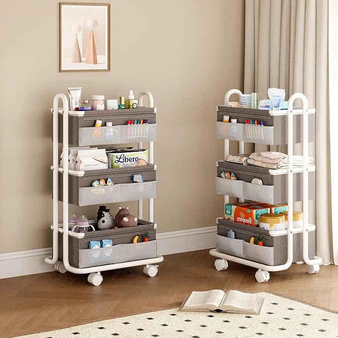 3-Tier Baby Diaper Caddy Organizer Cart, Mobile Nursery Storage Carts with Wheels, 3 Dividers & 6 Mesh Pockets Durable Metal 