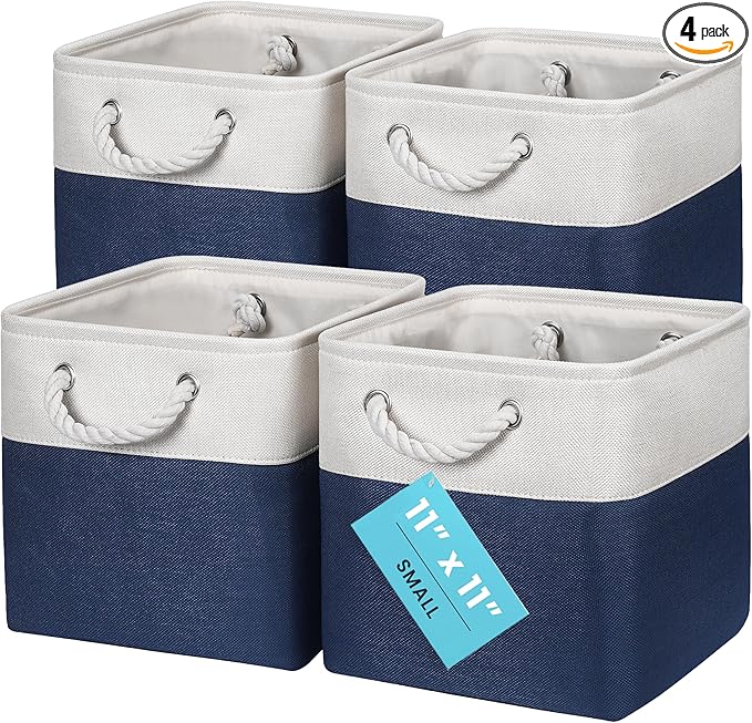 OrganiHaus 11x11 Cube Storage Bins 4 Pack, Foldable Cube Storage Organizer w/ Rope Handles, Collapsible Fabric Bins for Toys,