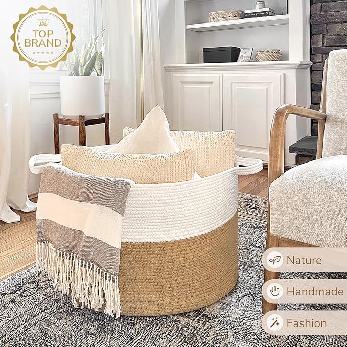 INDRESSME XXXLarge Jute Rope Basket 21.7" x 21.7" x 13.8" Woven Baby Laundry Baskets for Blankets Toys Storage Basket with Ha