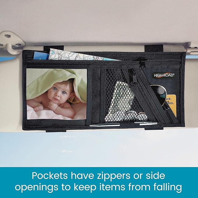 High Road Car Visor Organizer with Secure Zip Pockets, Sunglasses Holder and Clear Registration and Insurance Pocket - Heavy Duty Straps Fit Most Car, SUV and Truck Visors