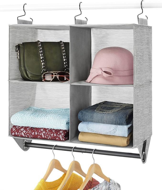 Whitmor Hanging Closet Organizer - 4 Section Closet Organizer with Garment Rod - Space-Dyed Grey