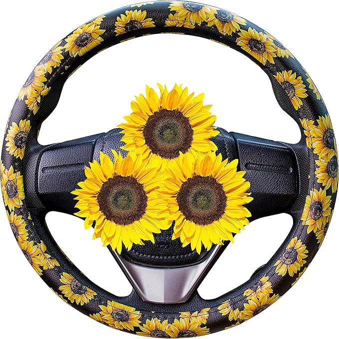 Evankin Sunflower Steering Wheel Cover Cute and Handmade,Leather Universal Steering Wheel Cover 15 inch, Fashionable Boho Sun
