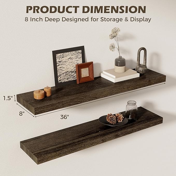 36 Inch Floating Shelves for Wall, 8"D High End Solid Hardwood Shelves for Decor Storage, Rustic Wall Shelves with Invisible 
