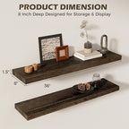 36 Inch Floating Shelves for Wall, 8"D High End Solid Hardwood Shelves for Decor Storage, Rustic Wall Shelves with Invisible 