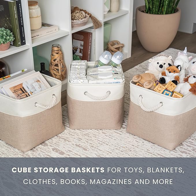 OrganiHaus 11x11 Cube Storage Bins 4 Pack, Foldable Cube Storage Organizer w/ Rope Handles, Collapsible Fabric Bins for Toys,
