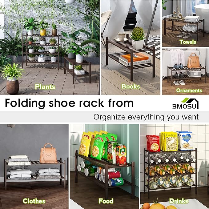 BMOSU 2-Tier Bamboo Shoe Rack Premium Stackable Shoe Shelf Storage Organizer for Hallway Closet Living Room Entryway Organize