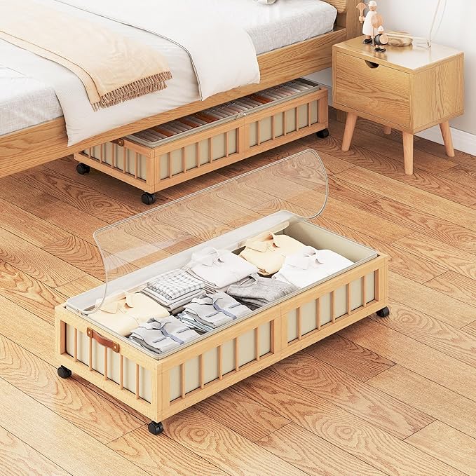 efluky 2-Pack Bamboo Under Bed Storage with Wheels, Rolling UnderBed Storage Basket with Large Dust Bag, Under Bed Storage Co