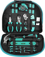 Amazon Basics 104-Piece Home Repair Household Tool Set with Easy Carrying Round Pouch, Portable Hand Tool Kit, Turquoise, 14.