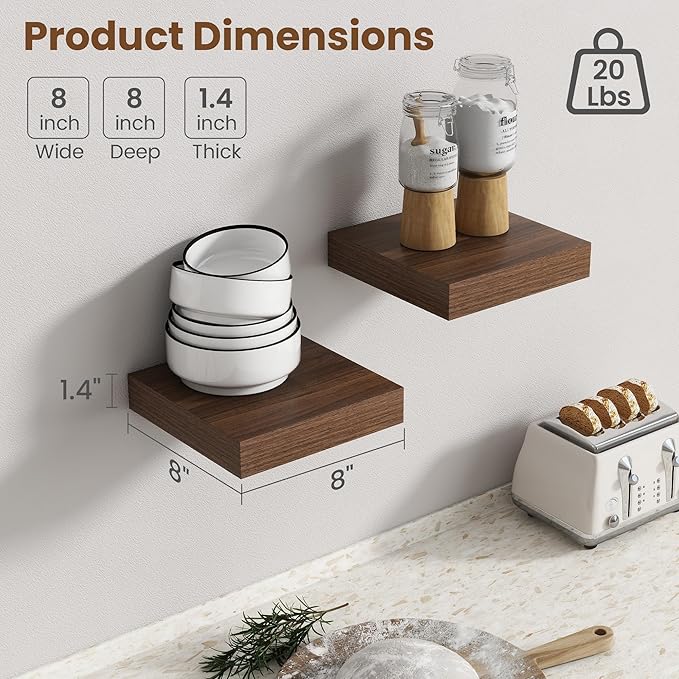 Axeman Square Floating Shelves for Wall, 8" W x 8" D x 1.4" H Rustic Wooden Wall Shelves, 4 Pack Wall Mounted Floating Shelf 
