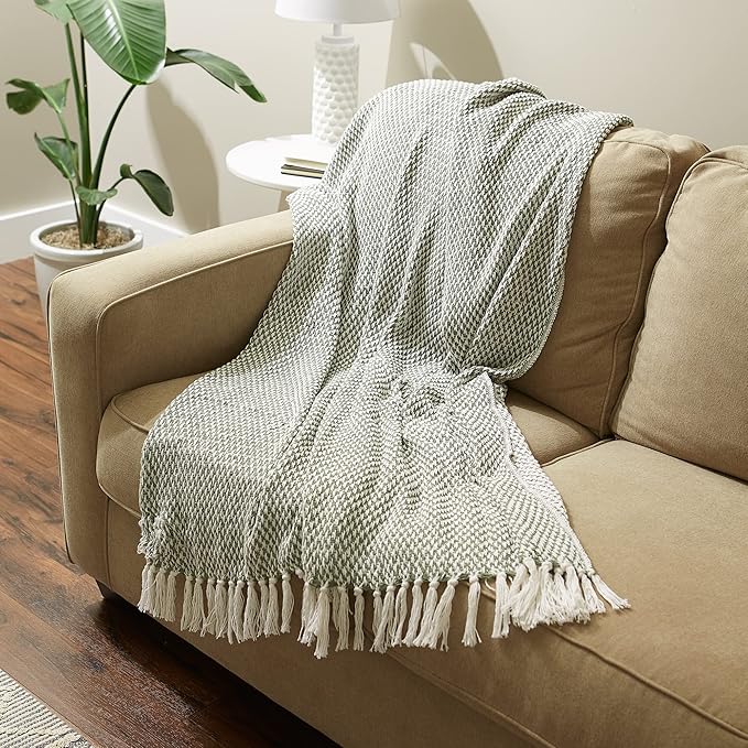 DII Woven Throw Collection 100% Cotton, Basketweave, 50x60, Artichoke Green