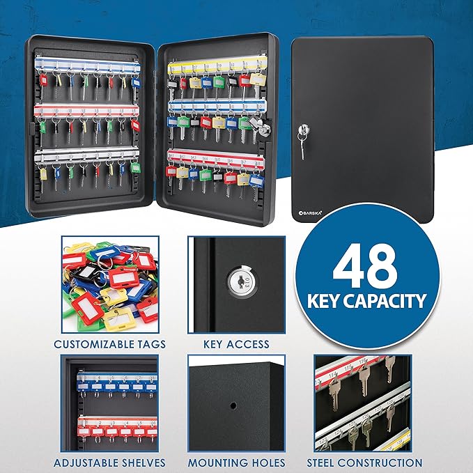 Barska 48-Position Key Cabinet Lock Box – Wall Mount with Key Lock, Adjustable Numbered Hooks & Color-Coded Key Tags for Home
