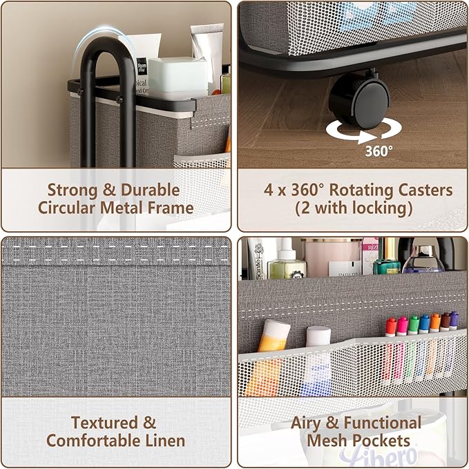 3-Tier Baby Diaper Caddy Organizer Cart, Mobile Nursery Storage Carts with Wheels, 3 Dividers & 6 Mesh Pockets Durable Metal 