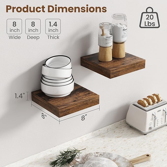 Axeman Square Floating Shelves for Wall, 8" W x 8" D x 1.4" H Rustic Wooden Wall Shelves, 4 Pack Wall Mounted Floating Shelf 