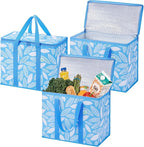 VENO 3 Pack Insulated Cooler Bag, Reusable Grocery Shopping Bag for Food Delivery, Heavy Duty, Large Size, Durable Handles, Double Zippers, Lid, Collapsible (Spring Breeze, 3 Pack)