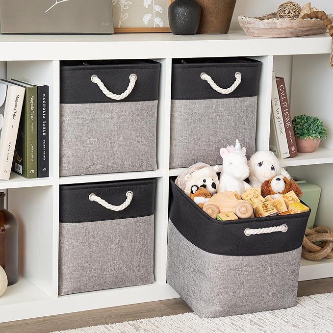 OrganiHaus 13x13 Cube Storage Bins 4 Pack, Foldable Cube Storage Organizer w/ Rope Handles, Collapsible Fabric Bins for Toys,