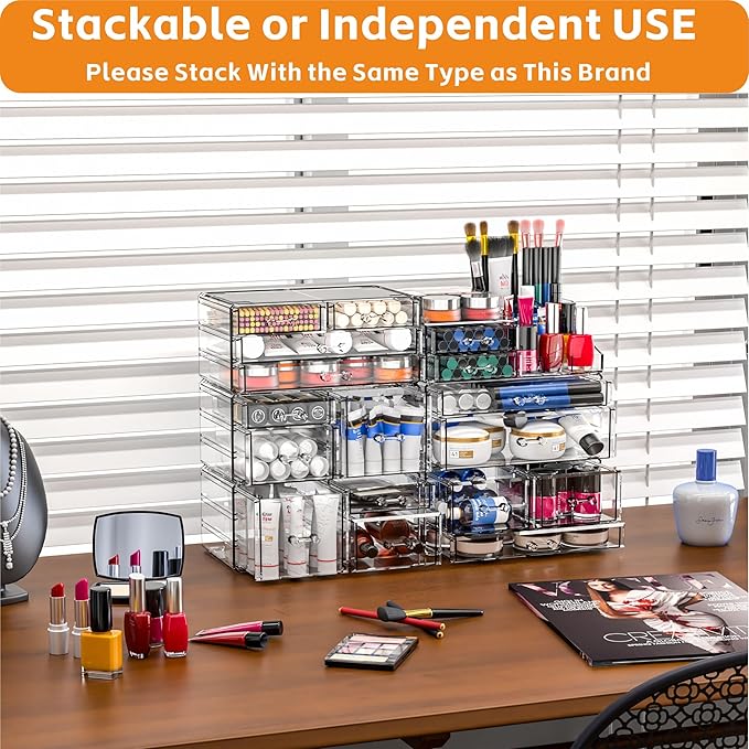 Acrylic Clear Makeup Organizer Countertop,Stackable Skincare Organizer for Vanity With 8 Drawers,Large Plastic Desk Accessori