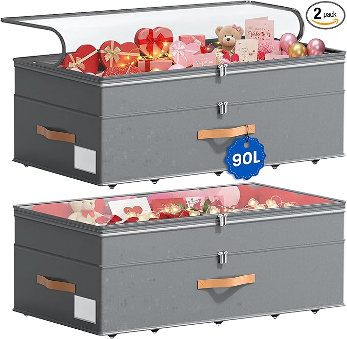 Under Bed Storage with Wheels, 2-Pack Underbed Storage Containers, No Assemble 11 inches 90L XXL Large Adjustable Storage Bin
