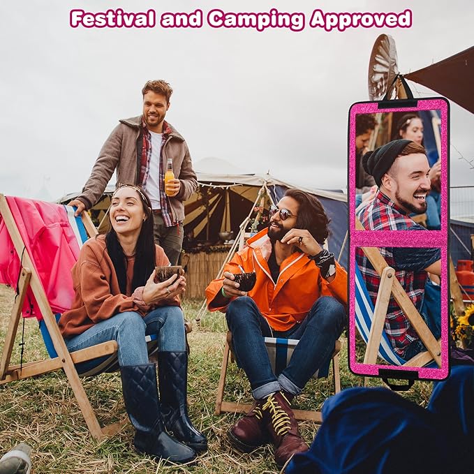 LPHUMEX Sparkle Hot Pink Folding Mirror 13”x33”, Foldable Full-Length Travel Mirror 3-Way Use, Perfect for Dance, Festivals, 