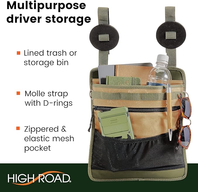 High Road Cairn Front Seat Car Trash Bag with Storage Pockets and Hanging Attachments, Waxed Nylon with Faux Leather Trim