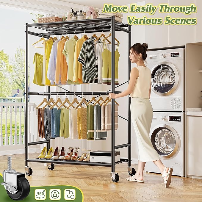 Raybee 80.32" H Clothes Rack,Rolling Clothing Racks for Hanging Clothes Heavy Duty Portable Garment Rack with Wheels 35.4" Wx