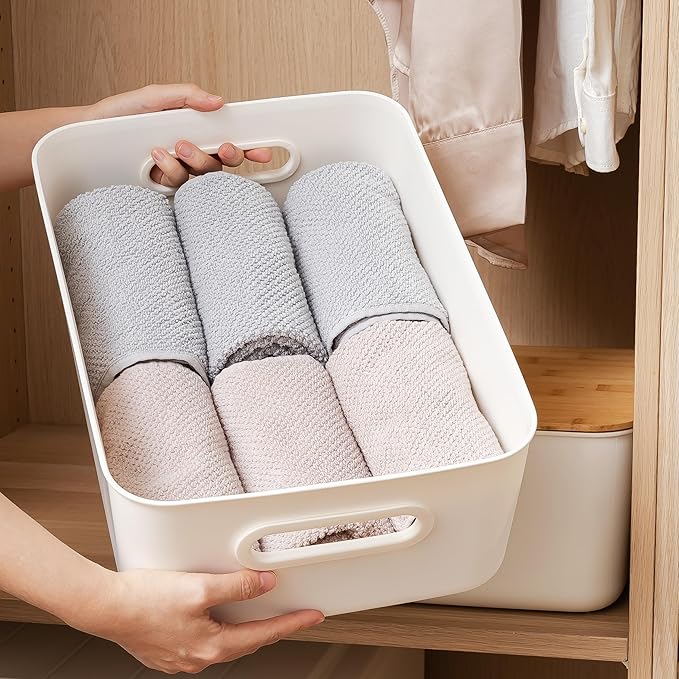 Citylife 4 PCS Storage Bins with Bamboo Lids Plastic Storage Containers for Organizing Stackable Storage Box with Handle, 15 