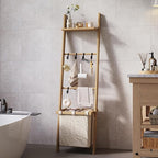 63" Bamboo Blanket Ladder with Shelf, Fabric Basket and 5 Hooks, 4 Tier Leaning Blanket Rack, Farmhouse Towel Ladder Rack, De