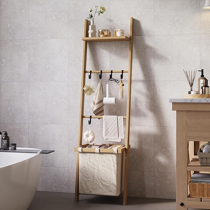 63" Bamboo Blanket Ladder with Shelf, Fabric Basket and 5 Hooks, 4 Tier Leaning Blanket Rack, Farmhouse Towel Ladder Rack, De