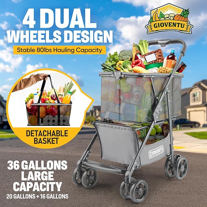 𝟐𝟎𝟐𝟔 𝐔𝐩𝐠𝐫𝐚𝐝𝐞𝐝 Folding Shopping Cart with Wheels, 80lbs Multi Use Grocery Carts with 360° Wheels & Removable Tote Bag, Multifunctional Portable Personal Shopping Carts for Groceries (Gray)