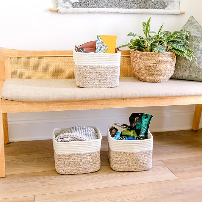 NaturalCozy Storage Cubes 9”x9”x7”Cotton Rope Woven Baskets for Organizing 3-Pack | 9 Inch Cube Storage Bin | Small Basket fo