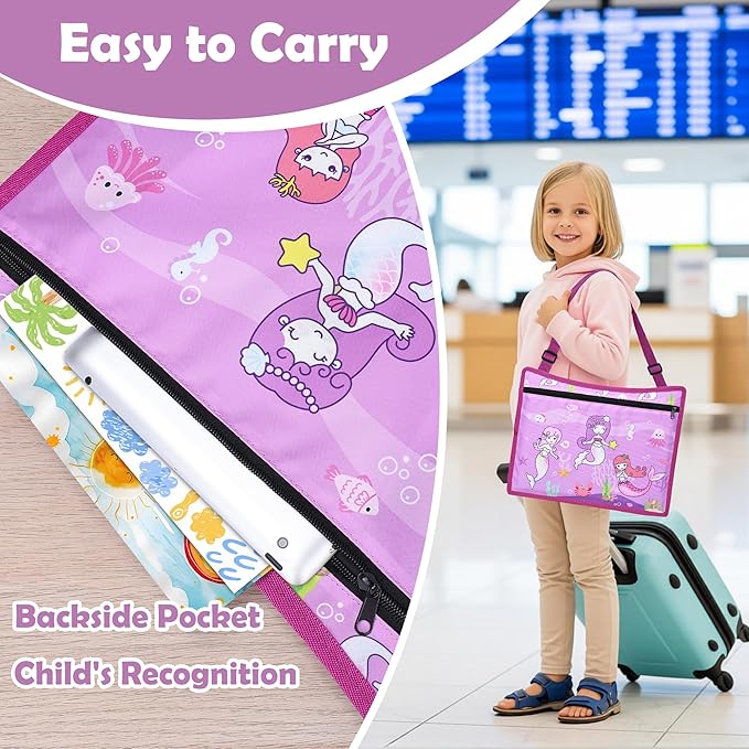 Kids Travel Tray for Toddler Carseat, Road Trip Activities Essentials for Toddler, Kids Lap Desk Tray with Tablet Holder Stand ＆ Dry Erase Board (Mermaid)